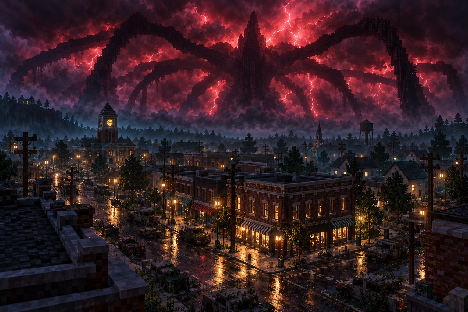 Ciudad de Minecraft amenazada por el enorme Mind Flayer entre nubes y relámpagos rojos